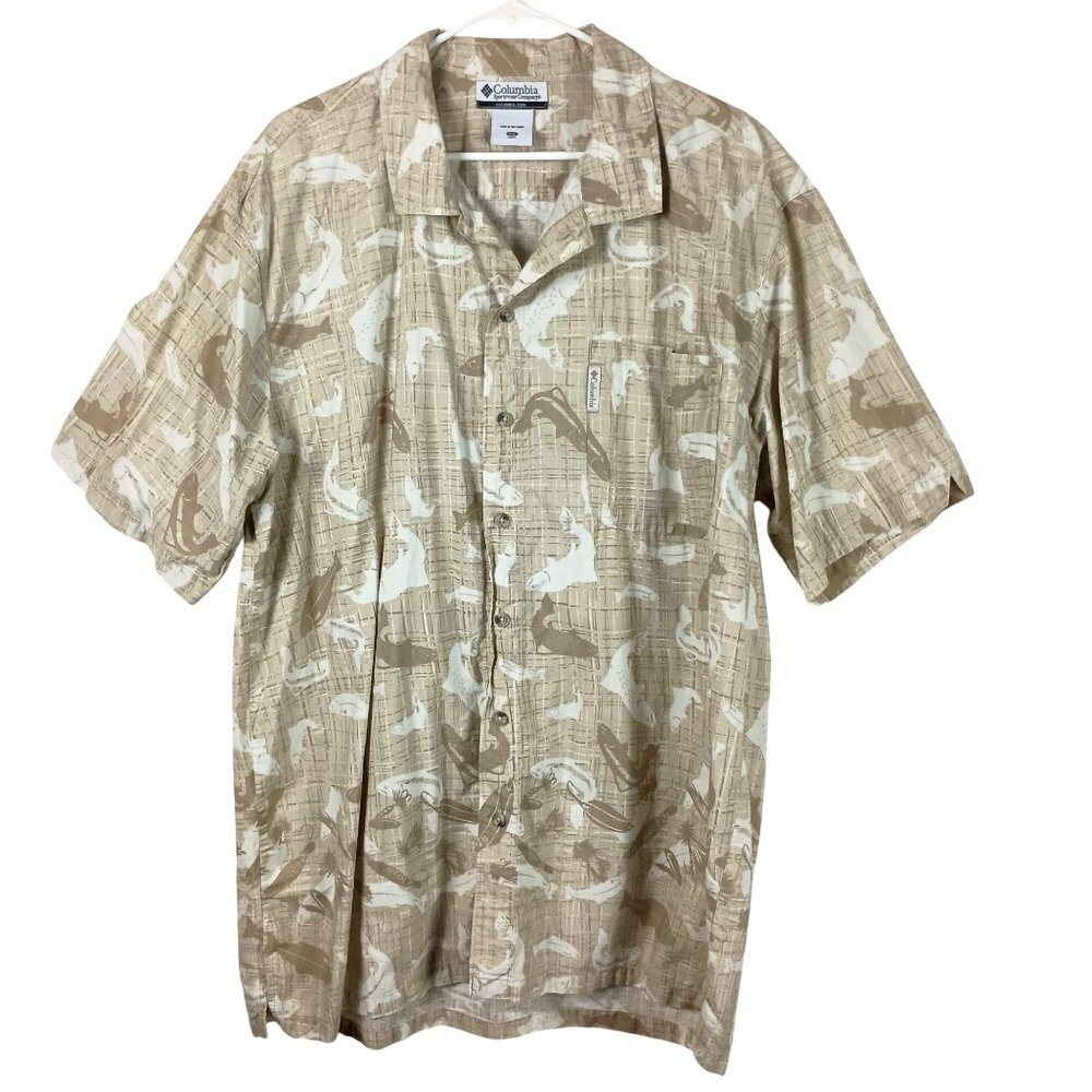 Columbia Shirt Mens XXL Tan Fish Print Button Up Short Sleeve Casual Outdoor